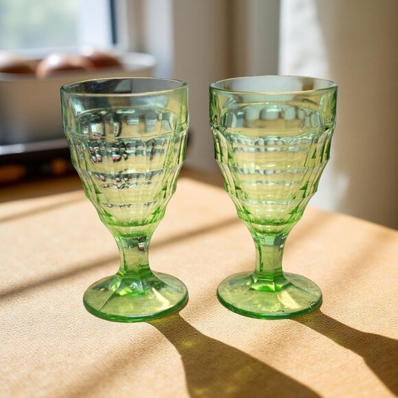 Pair of Hazel-Atlas “Colonial Block” Uranium Green Water Goblets – 5¾" Depressio - Picture 1 of 10